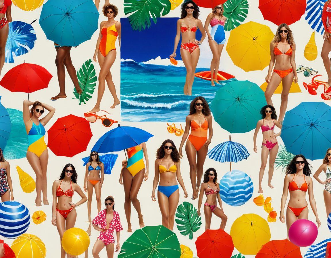 A vibrant collage showcasing a variety of swimwear styles, from chic designer pieces to relaxed beachwear. Include models of diverse body types enjoying a sunny beach scene, with colorful umbrellas and crystal-clear waves in the background. Highlight textures like silk and cotton, emphasizing comfort and style. Incorporate playful elements like beach balls and sunglasses. bold colors. high contrast. tropical atmosphere.