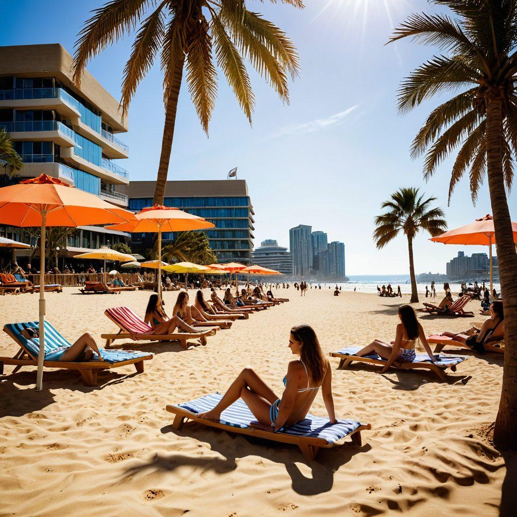 A vibrant beach scene set outside the Barbican Centre, showcasing models wearing the latest bikini fashion trends. The background features the iconic architecture of the Barbican amidst palm trees and sun loungers. Colorful sun umbrellas and playful beach accessories dot the sandy space, with a radiant sunset casting a warm glow. Include a sense of movement with waves lapping at the shore and cheerful beachgoers enjoying the sun. super-realistic. vibrant colors. summer vibes.